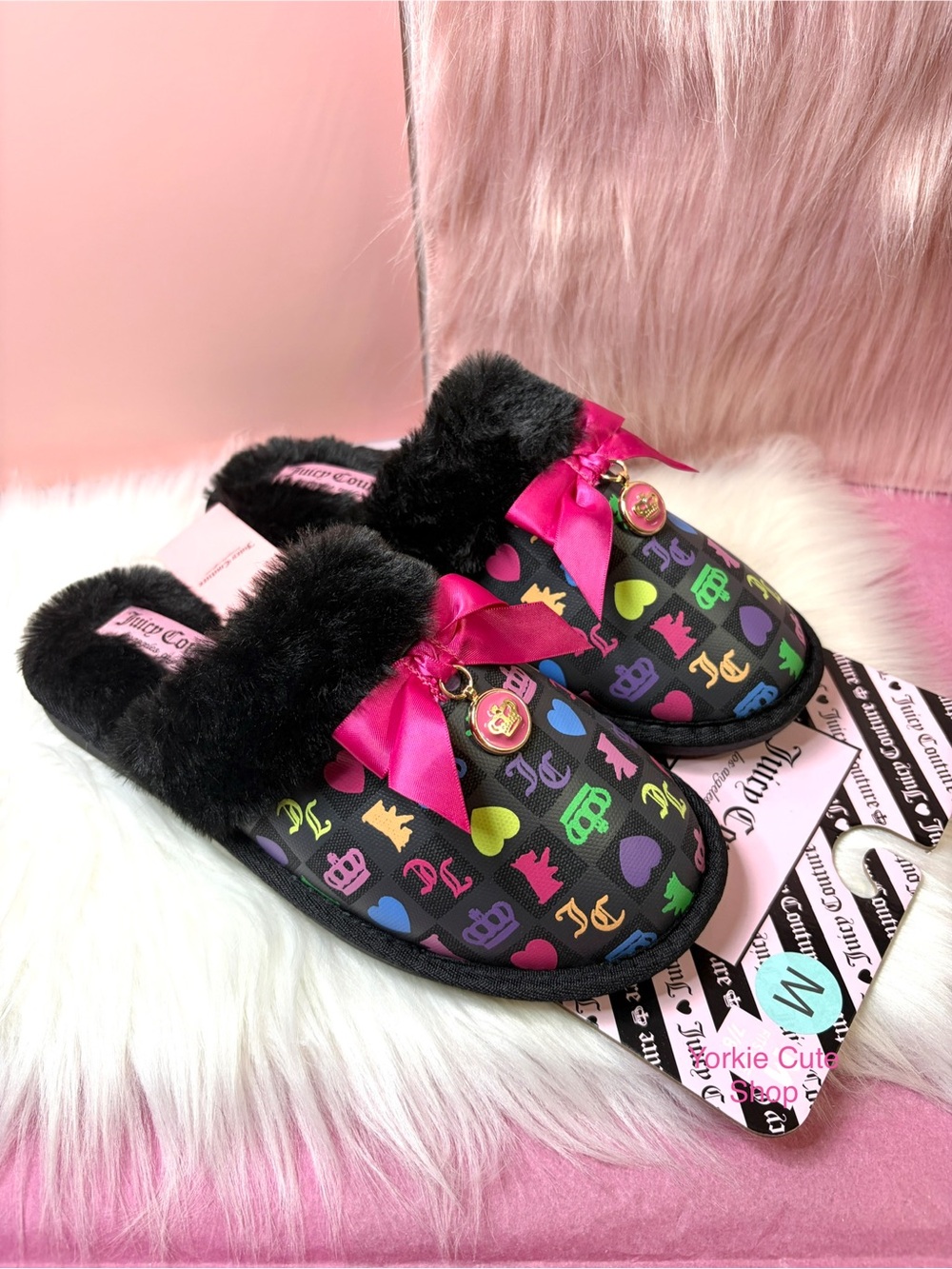 NWT Juicy Couture Scottie and Patterns Black Faux Fur Slip-On Slippers
